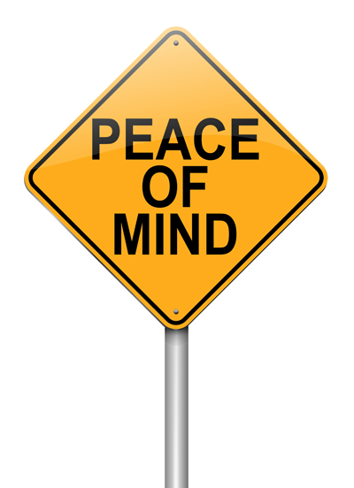 Illustration depicting a roadsign with a peace of mind concept. White background.