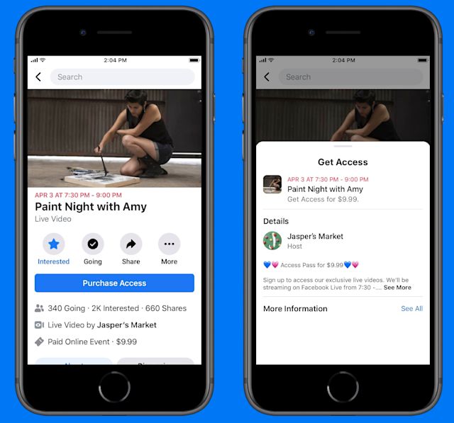 Screenshots of a Facebook paid online event