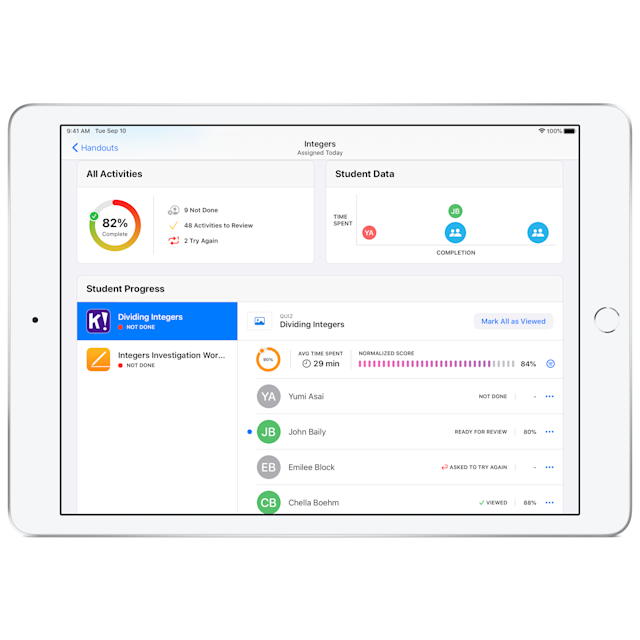 The Schoolwork app shows teachers how far students are in their assignments.  