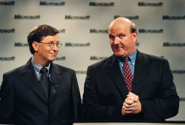 Bill Gates and Steve Ballmer, President and CEO. (Photo by Robert Sorbo/Sygma/Sygma via Getty Images)