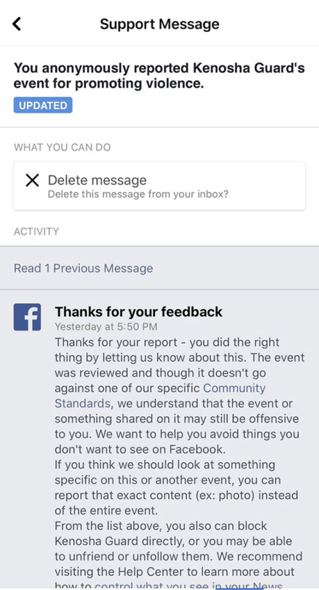Facebook users who reported the Kenosha Guard's event were told it didn't break the company's rules.