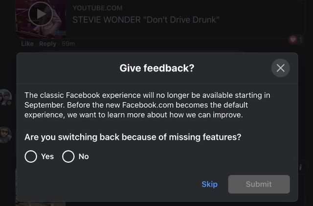 Facebook classic notification